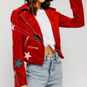 Olivaceous Vibrant Red Suede Jacket with Star Accents